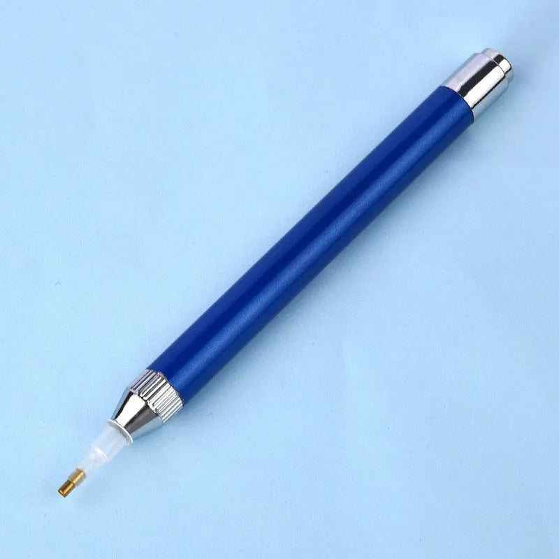 Luminous diamond painting drill pen in aluminium alloy, single-head, blue colour, with a simple metal frame.