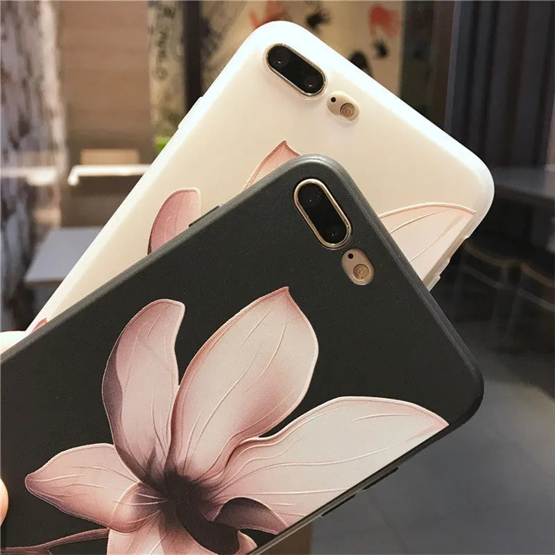 Embossed TPU phone case for iPhone with floral pattern on black back cover