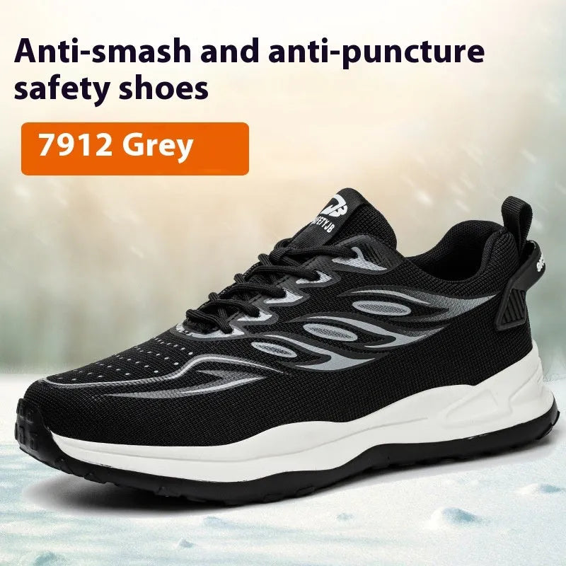 Lightweight orange leather labour protection safety shoe with rubber sole on a work site background.