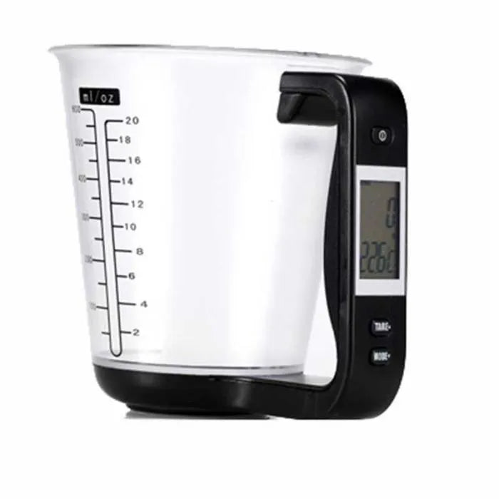 Green digital measuring cup scale with LCD display in handle on white background, 185mm size