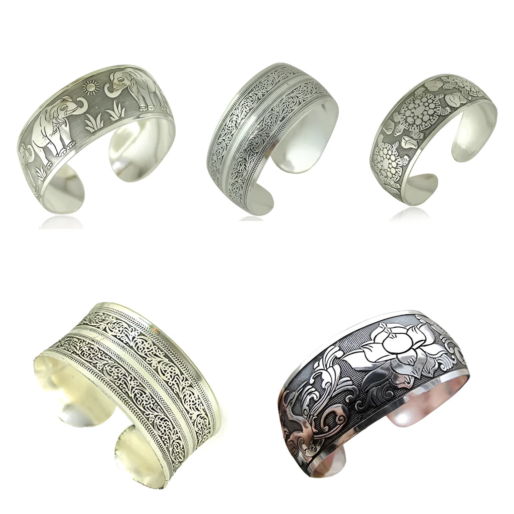 Carved openwork Miao silver style bracelet with Roman shape in alloy material