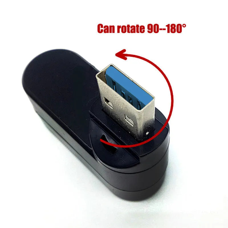 Black USB rotary splitter hub with four USB ports showing 15.5cm length