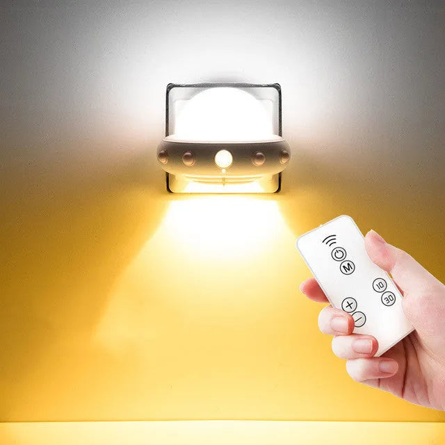 Remote control UFO-shaped bedside night light in blue, pink, or white colours.