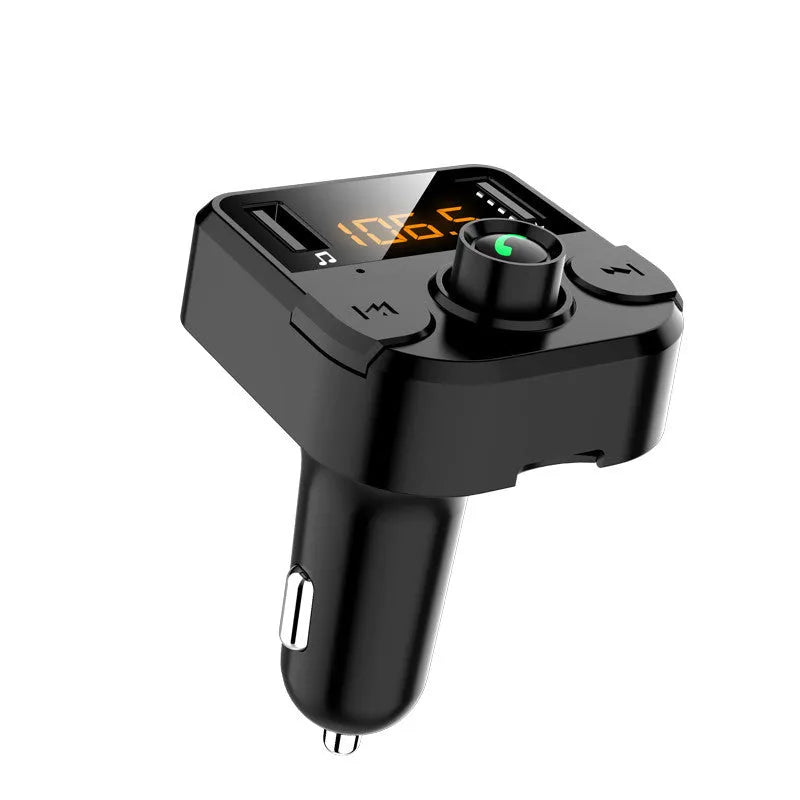 Black BT36B car MP3 Bluetooth player with 1.1-inch screen plugged into a car cigarette lighter socket.