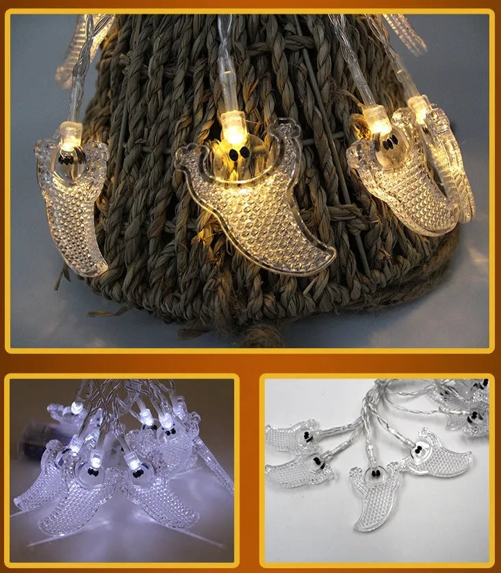 Halloween string lights with pumpkin, bat, and ghost LED lanterns hanging, showing white and coloured light options.