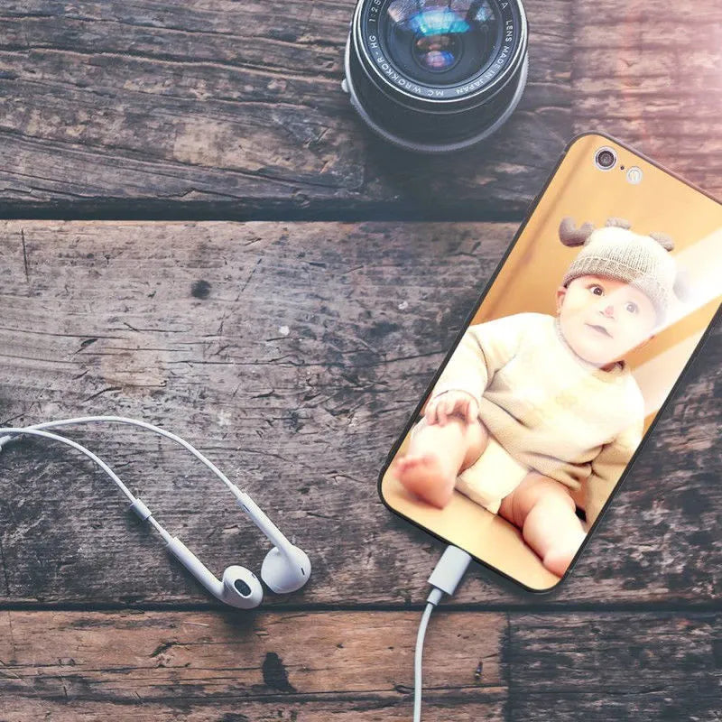 Custom patterned thin iPhone case with a raised edge around the screen and camera on an iPhone.