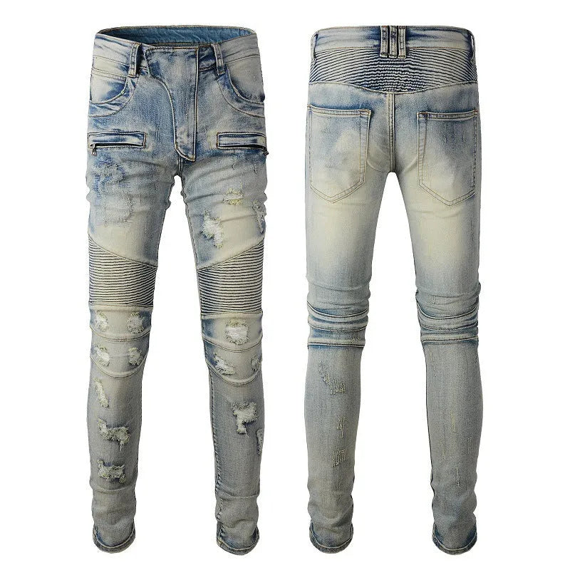 Light blue distressed slim fit men's jeans with hand-frayed details and straight leg opening