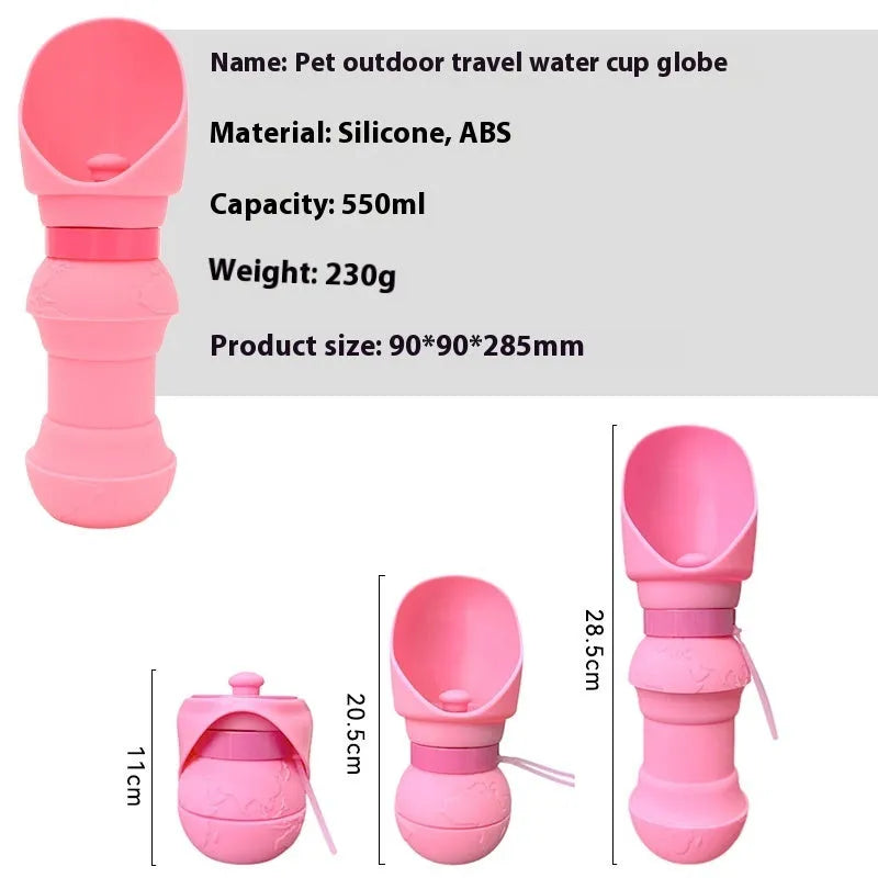 A collapsed flat and an opened pink silicone folding pet water cup on a grey background.