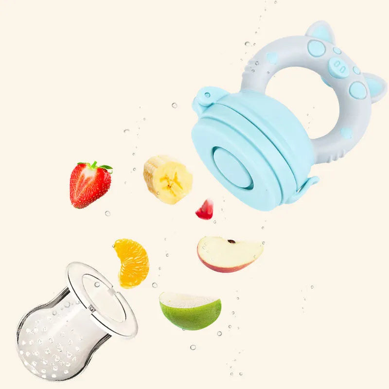 Baby teether toy made from silicone rubber in blue, green or pink colours with textured mouthpiece
