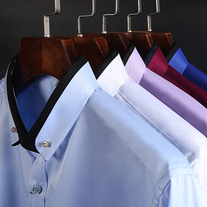 Men's stretch shirt in polyester fibre, available in wine red and multiple colours, sizes 38-44, with detailed fit guide