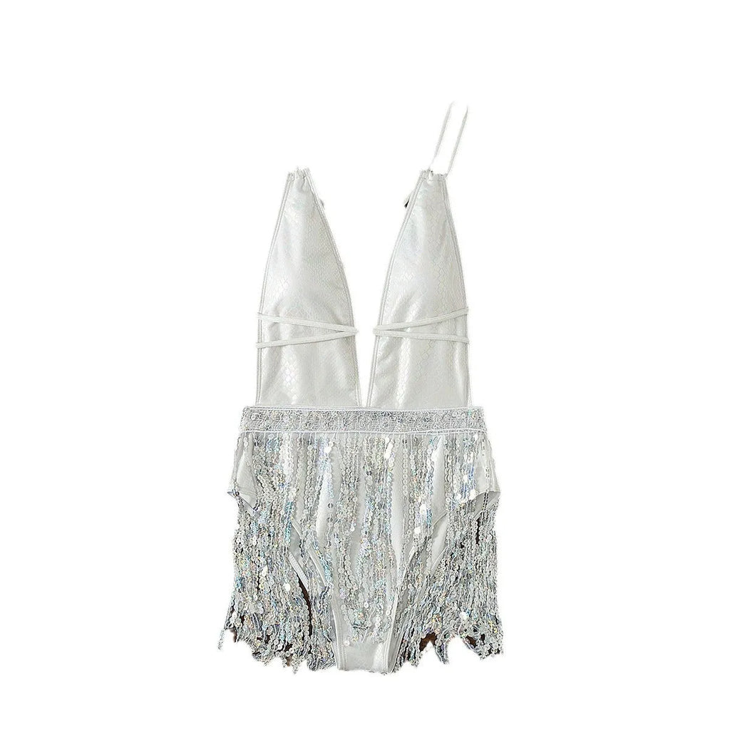 White one-piece swimsuit dress with deep V-neck and tassel decoration