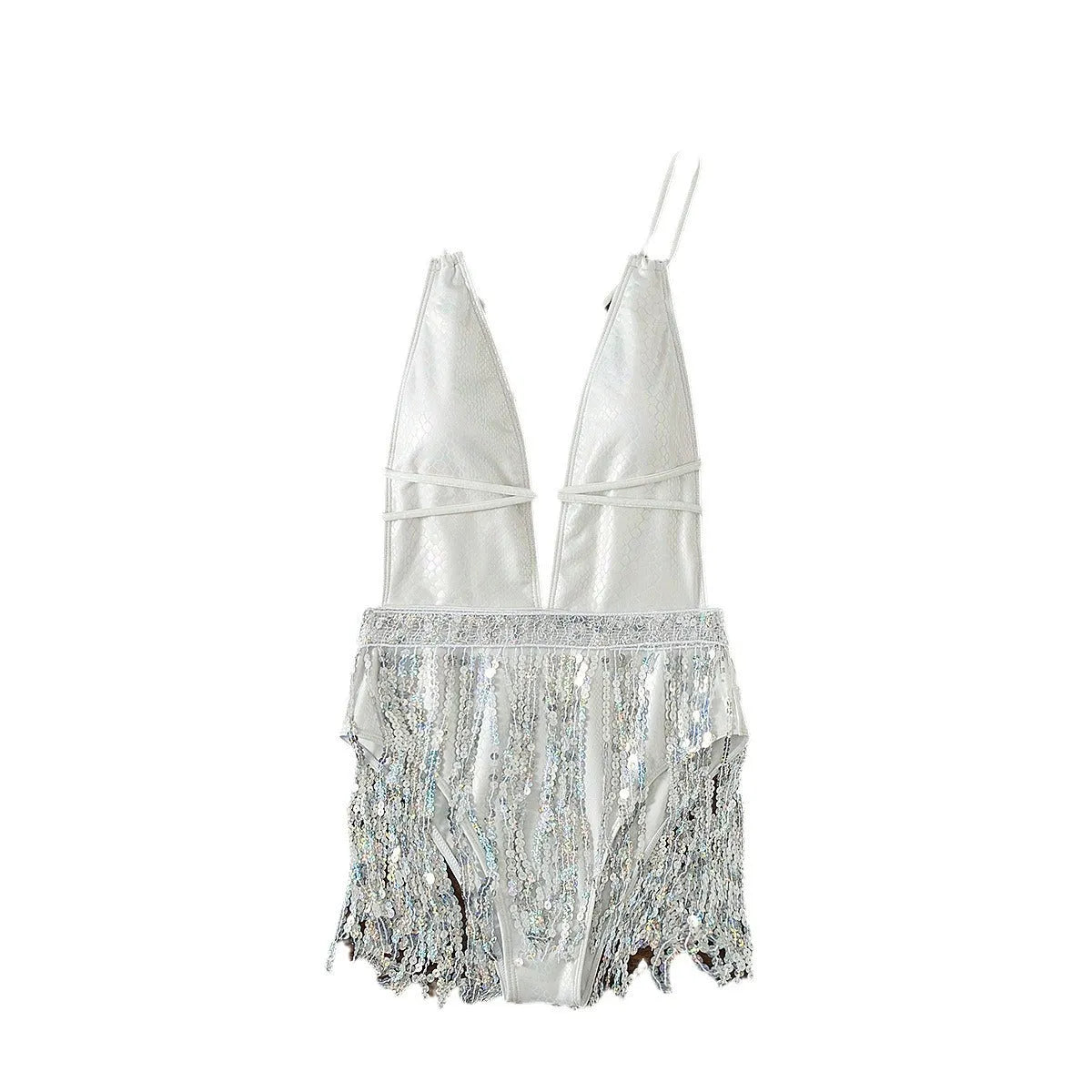 White one-piece swimsuit dress with deep V-neck and tassel decoration