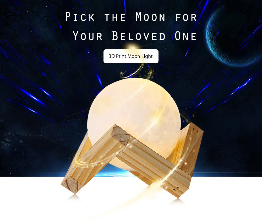 3D printed white moon lamp on a wooden stand with a glowing centre.