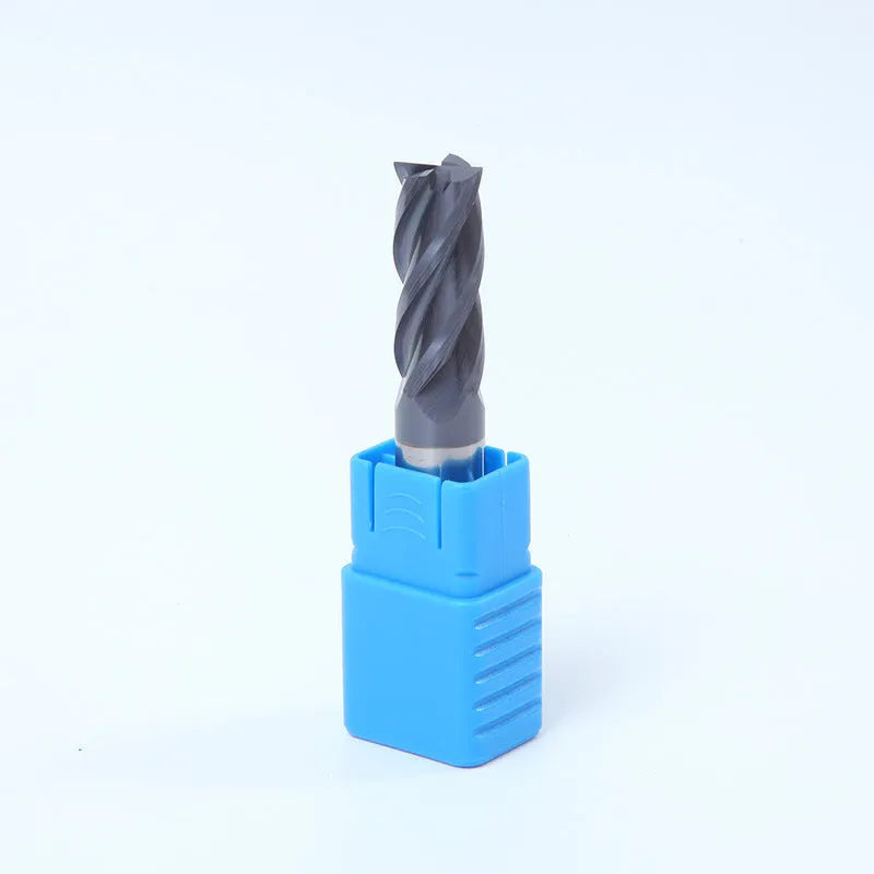 Carbide four-flute spiral milling cutter with straight shank on a white background.