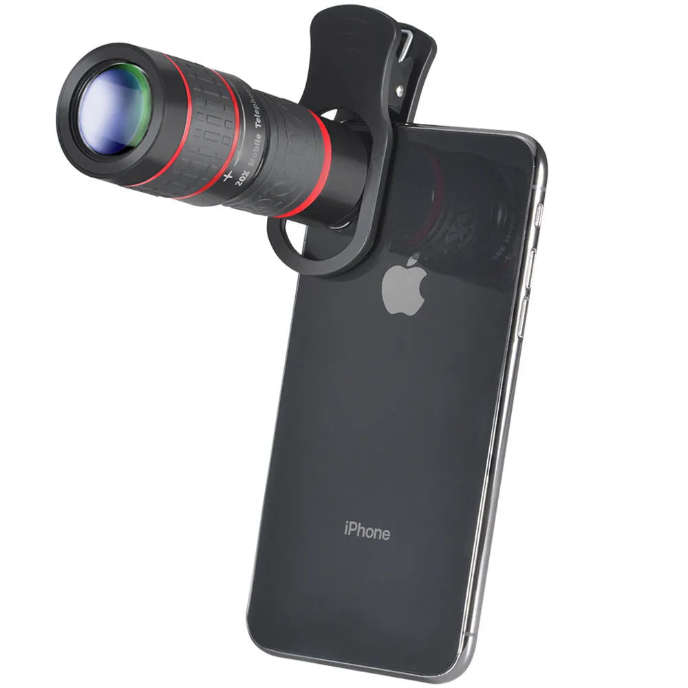20x magnification smartphone telescope with universal mounting clip and plastic housing on a wooden table.
