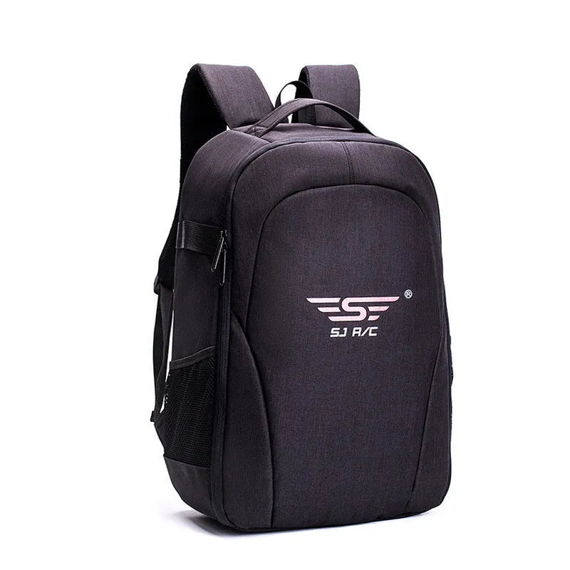 Black oxford cloth drone backpack showing laptop compartment and internal organisation pockets