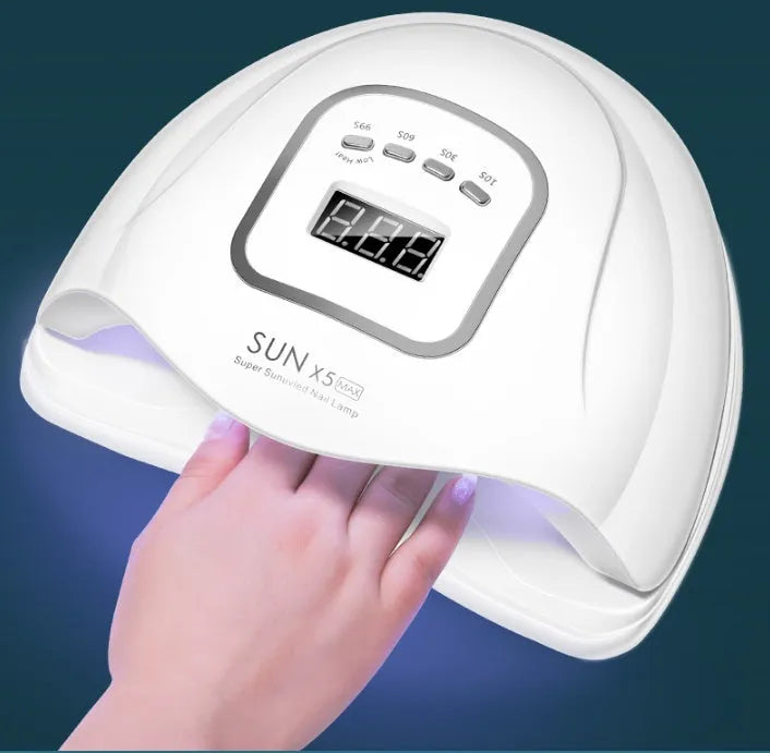 White UV LED gel nail polish curing lamp with digital timer display and 45 lamp beads.