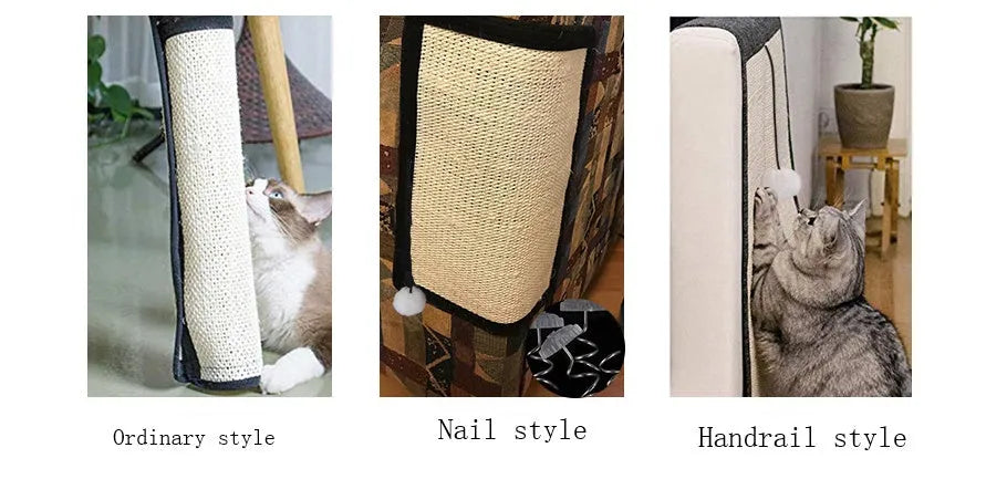 Beige cat scratch board sisal pad 40x29cm on a sofa armrest for furniture protection