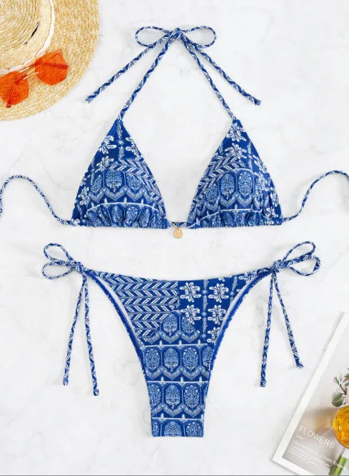 Women's bandage design bikini swimsuit with printing stitching detail in polyester material