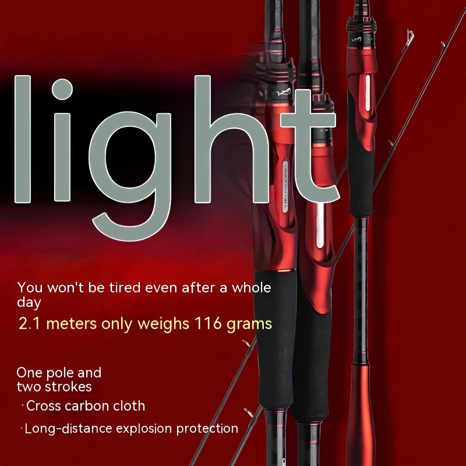 Carbon fishing rod showing straight handle and pikestaff style options, with length choices of 210cm and 240cm for lure fishing.