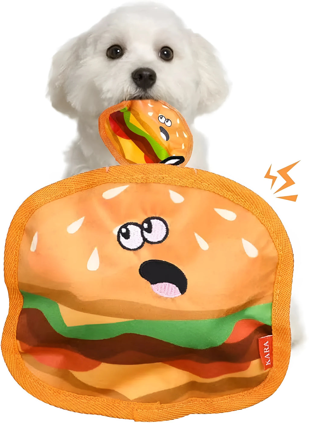 Hamburger-shaped crinkle dog toy with dual squeaker and crinkle sound, no stuffing