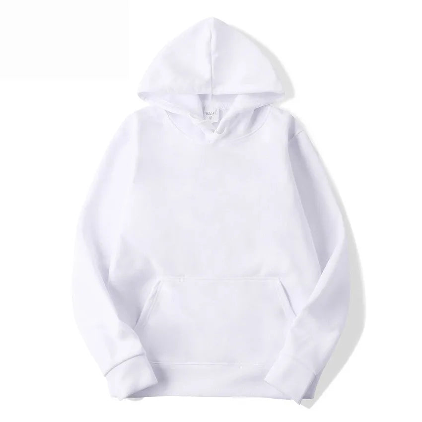 White cotton blend pullover hoodie with hood and long sleeves laid flat