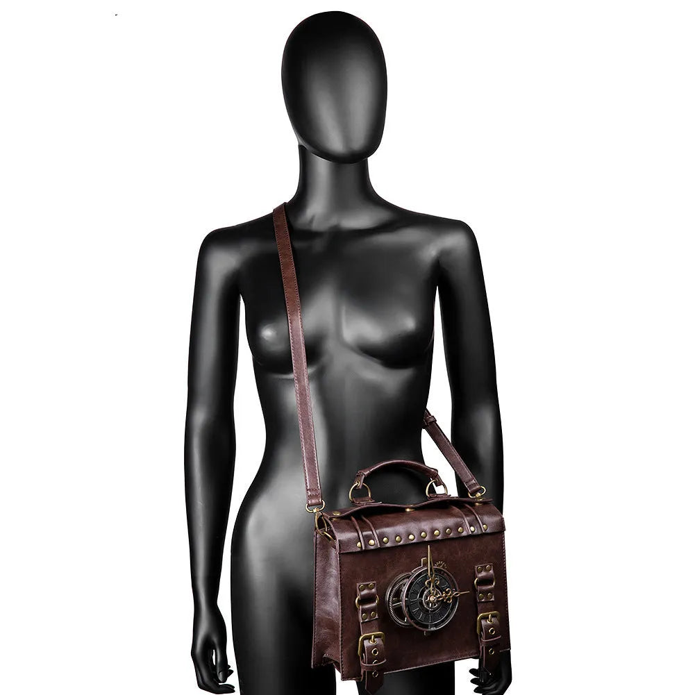 Bronze steampunk shoulder bag with metal detailing and horizontal pillow shape