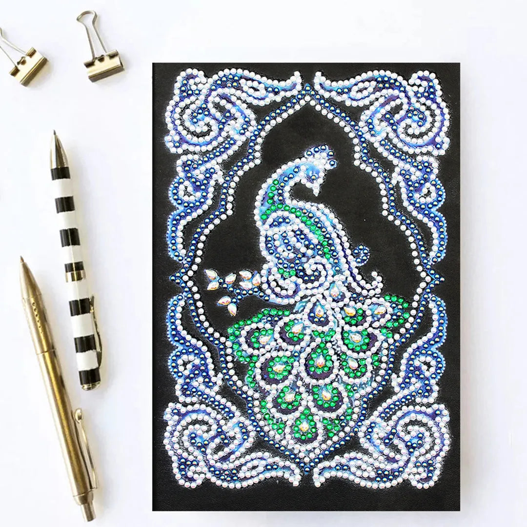 Peacock Beauty diamond painting notebook A5 size with shaped and bright drill decoration on black cover