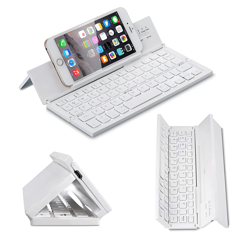 Black and white views of a folded mini wireless Bluetooth keyboard for tablets next to a smartphone.