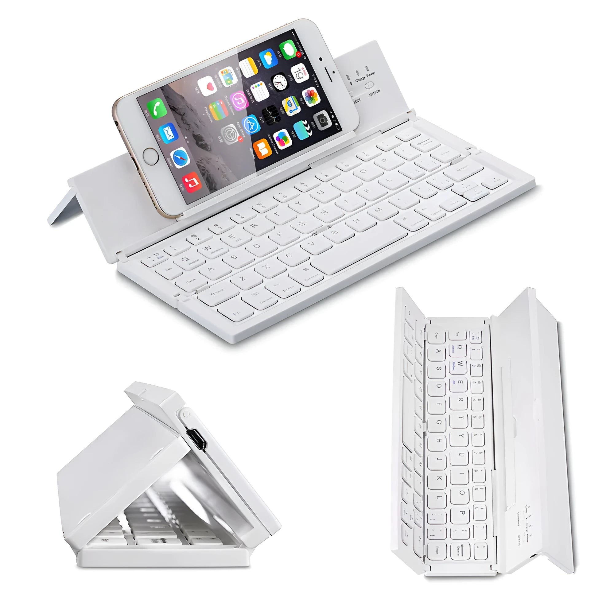 Black and white views of a folded mini wireless Bluetooth keyboard for tablets next to a smartphone.