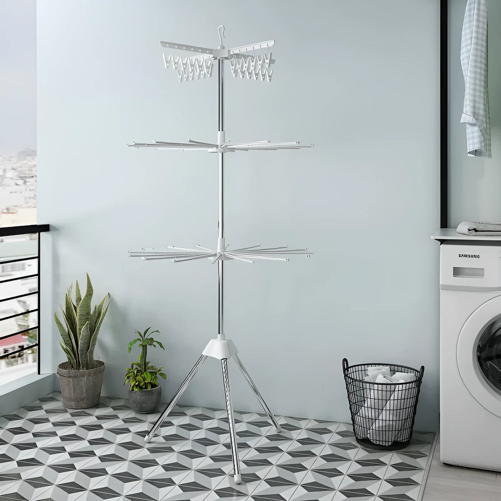 Mobile split plastic clip drying rack with stainless steel frame and three-layer hanging storage for socks and ties