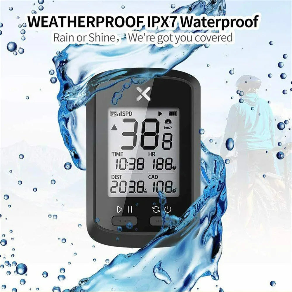 Black plastic waterproof digital stopwatch for bicycle handlebars.