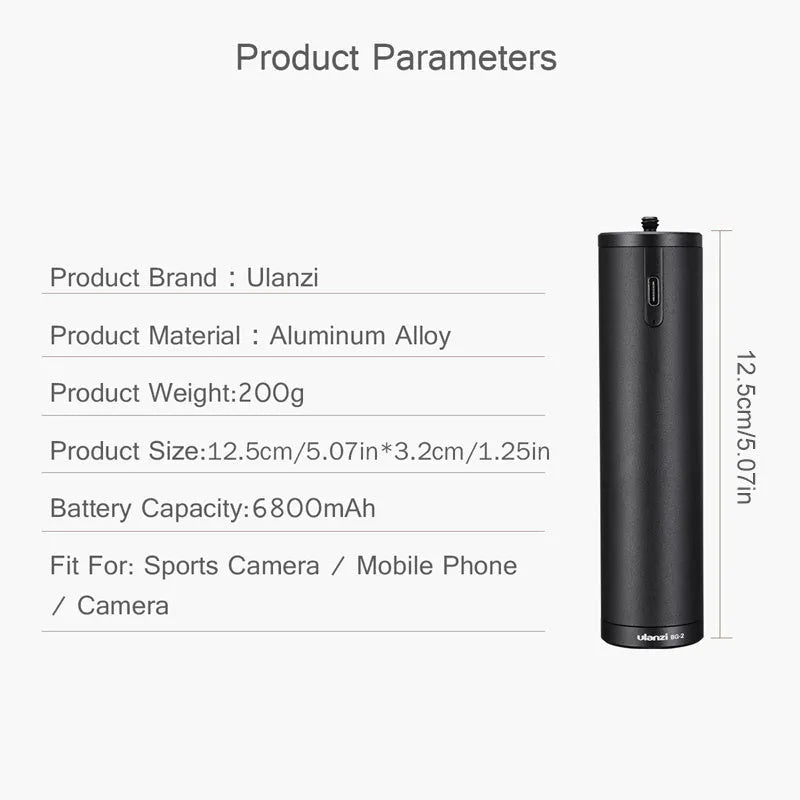 Black aluminium alloy portable power bank with a carrying handle, showing front and side views.