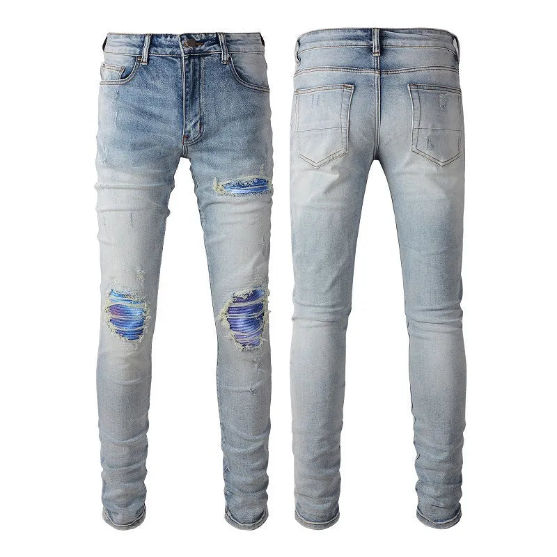 Bright white washed distressed cat beard patch ripped slim straight leg mid waist jeans cotton denim
