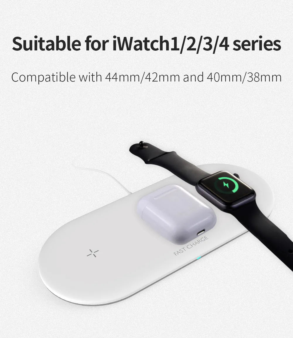 Black and white 3-in-1 wireless charging station for Apple Watch, iPhone and compatible earbuds on a desk.