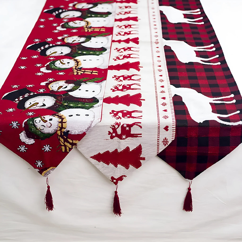 Cotton linen Christmas table runner 35x180cm with elk and snowman print for holiday dining