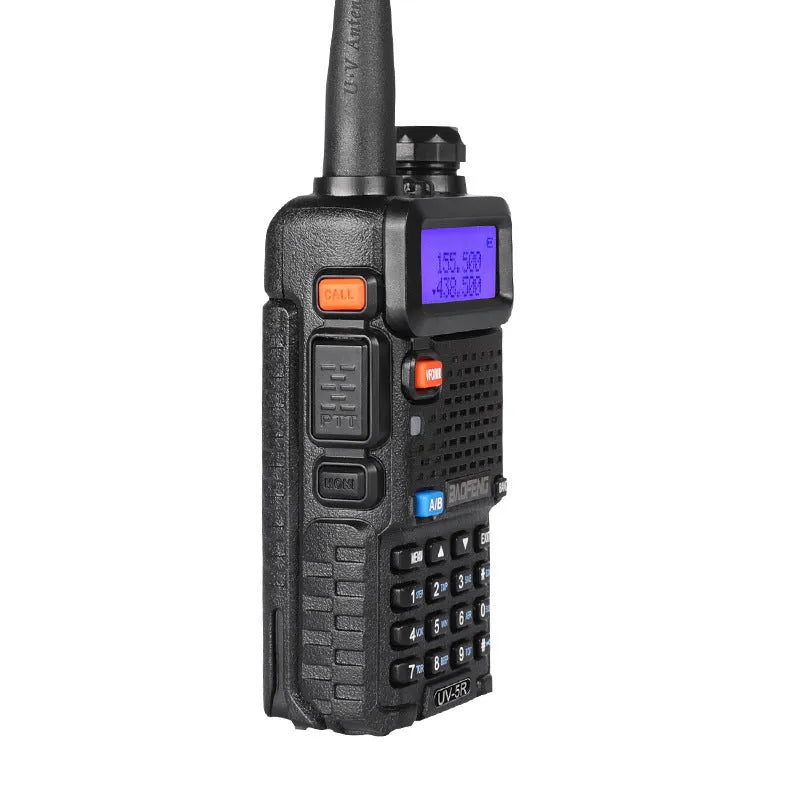 Compact black VHF/UHF walkie talkie with 128 channels and 5-10 km range