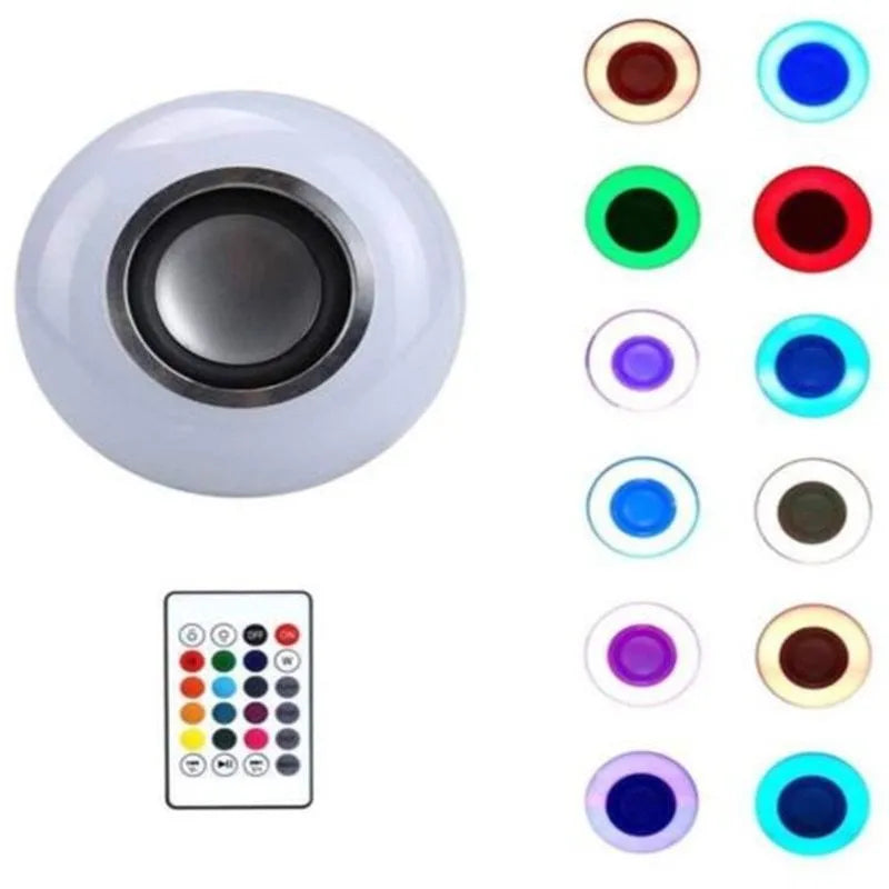 White E27 smart LED bulb with Bluetooth speaker and remote control for wireless light and music adjustment.