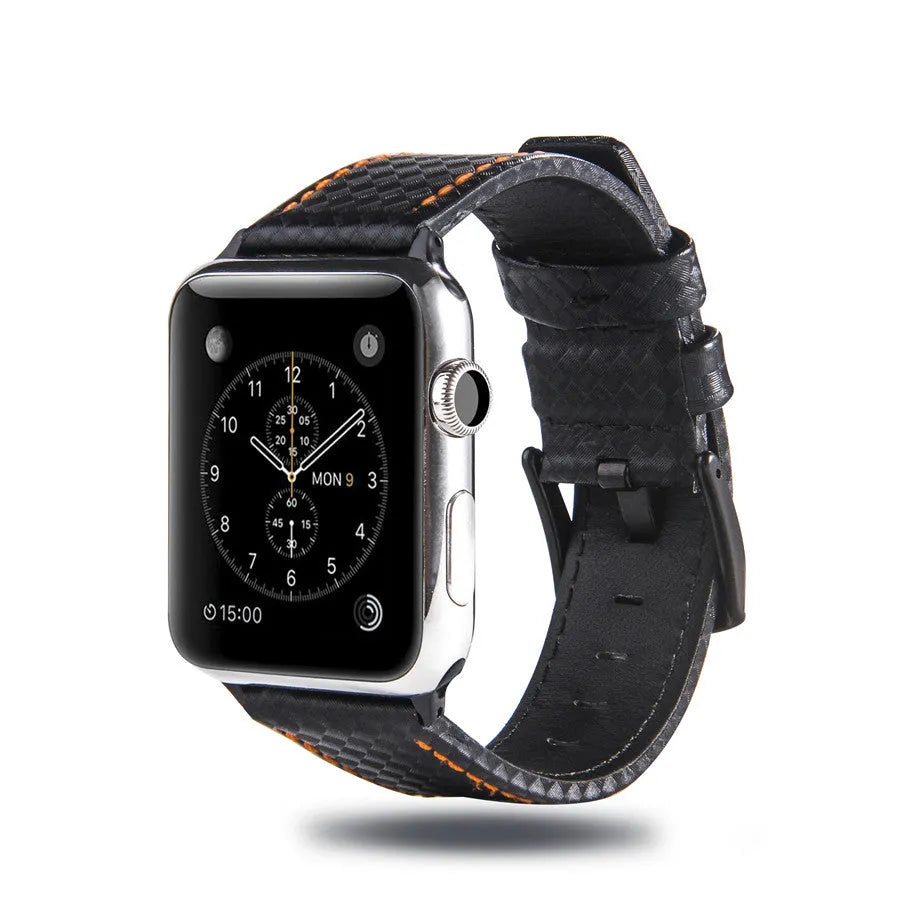 Carbon fiber leather Apple Watch strap with PC hard shell case in black line colour for 42 44mm size