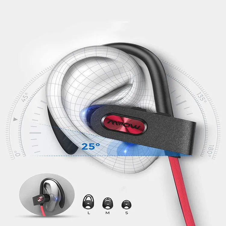 Red hanging ear Bluetooth headset resting on ear with wireless design
