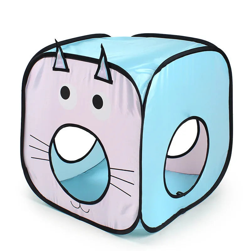 Foldable pet tent and cat tunnel three-piece set with cat and fish pattern