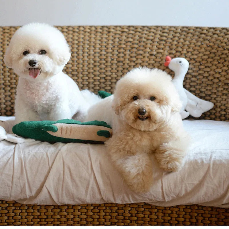 Green fabric plush toy dog measuring 35cm by 18cm for interactive play