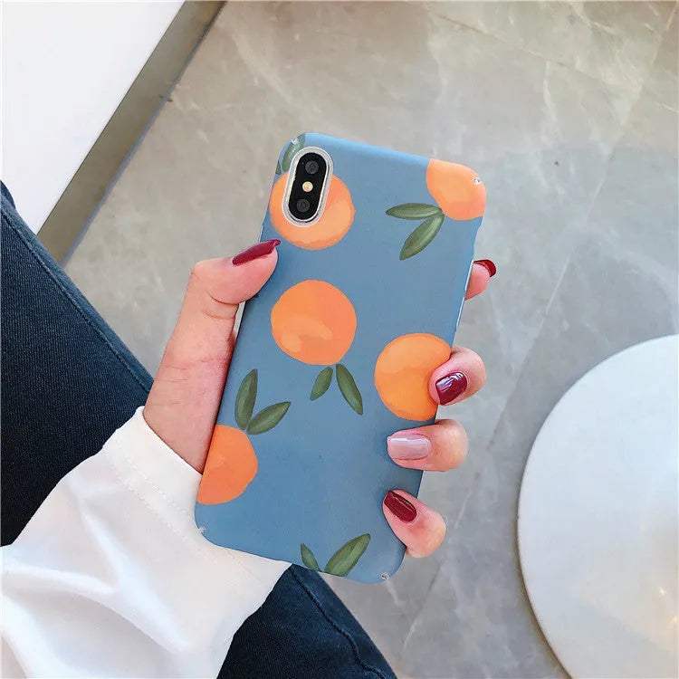 Orange retro plastic back cover for iPhone with blue water artwork, slim fit design