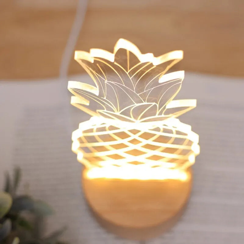 Wood and acrylic pineapple-shaped bedside lamp with dimmable LED light and USB power cable