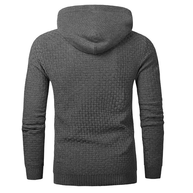 Men's cotton-polyester hooded sweatshirt shown in various colours including black, navy, and red.
