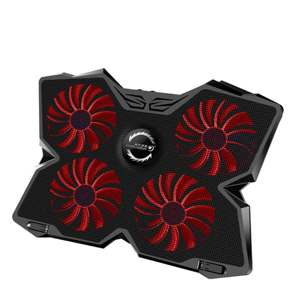 Blue laptop cooling pad with four LED fans and USB ports on a desk
