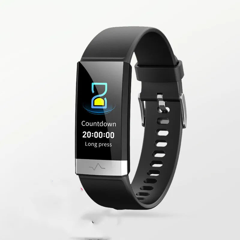 V19 smart bracelet in black, blue, or red with a TPU strap and display showing health metrics.