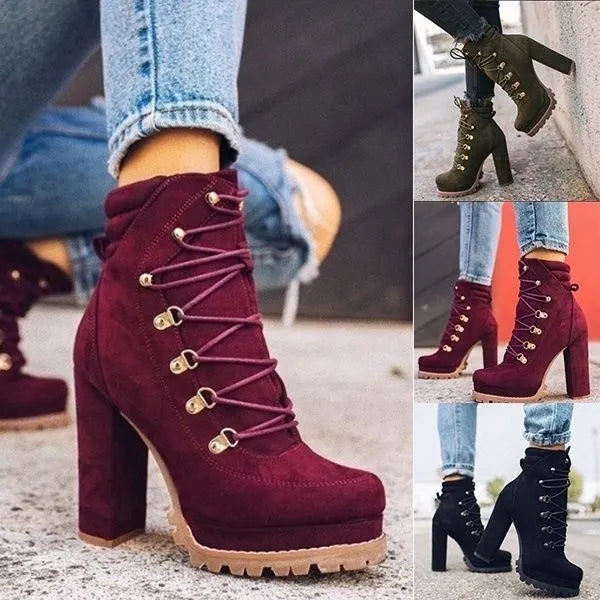 Women's suede high heel boots in army green with thick heel and waterproof platform