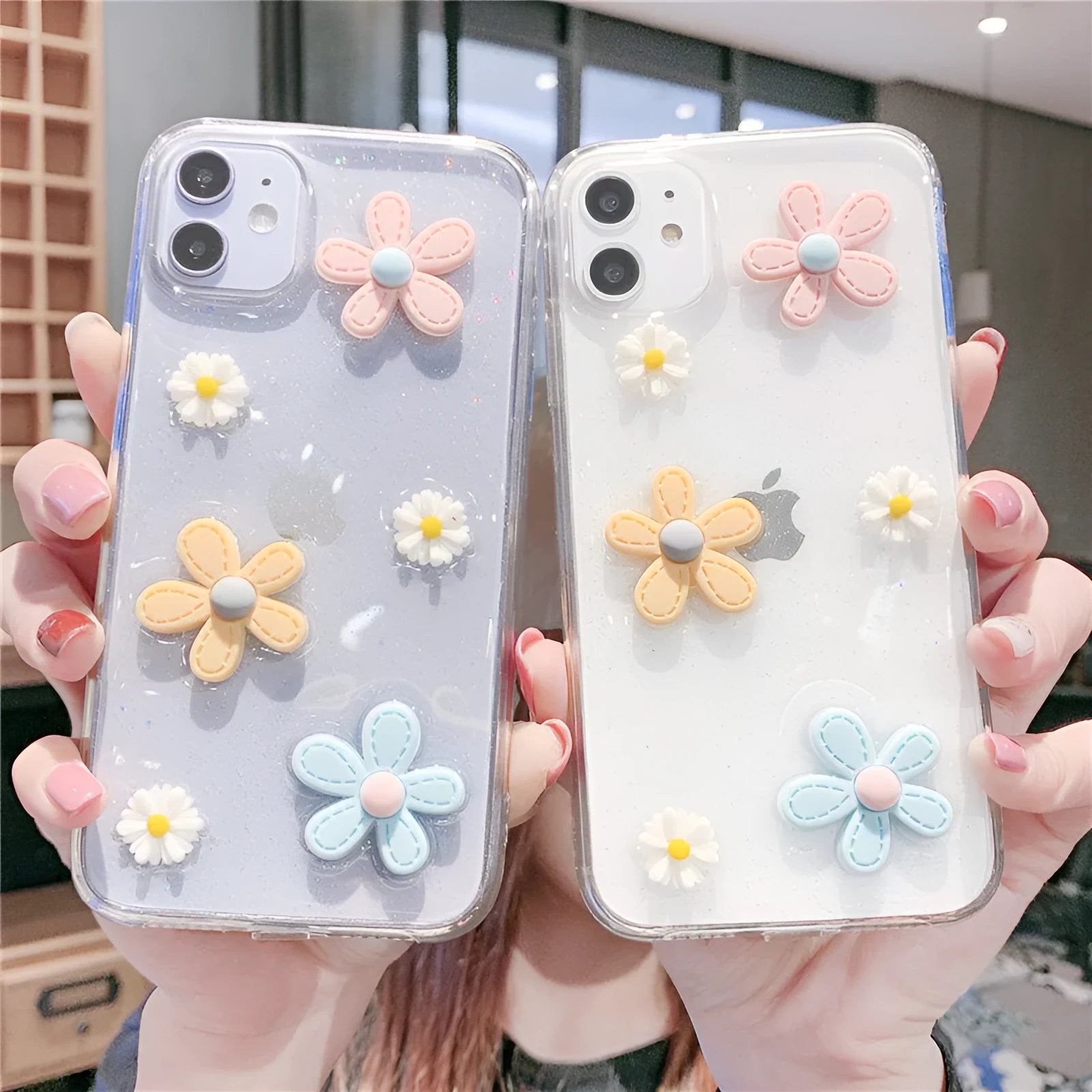 Soft rubber girl heart phone case with New Year's flowers design, compatible with various iPhone models