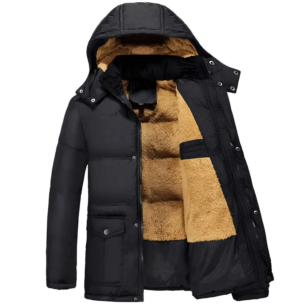 Black velvet padded men's winter jacket with double-breasted placket and hood